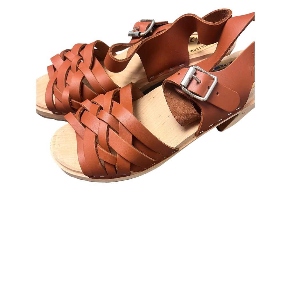 Lotta from Stockholm Tan Leather Braided Swedish Clogs Wooden Sandals Size 39 - Picture 8 of 8